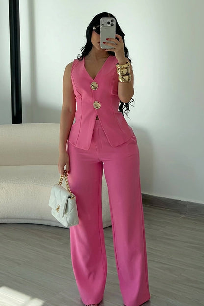 Sleeveless Gold Button Vest & Wide Leg Pants 2‑Piece Set