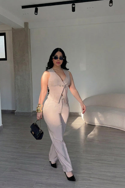 Women's Sleeveless Vest & Flared Pants 2-Piece Suit