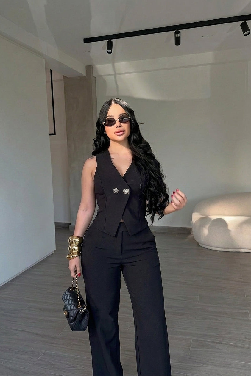 Women's Sleeveless Vest & Flared Pants 2-Piece Suit