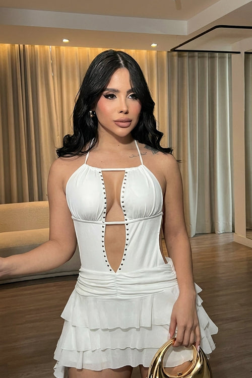 White Studded Cutout Halter Backless Tiered Ruffle Mini Dress