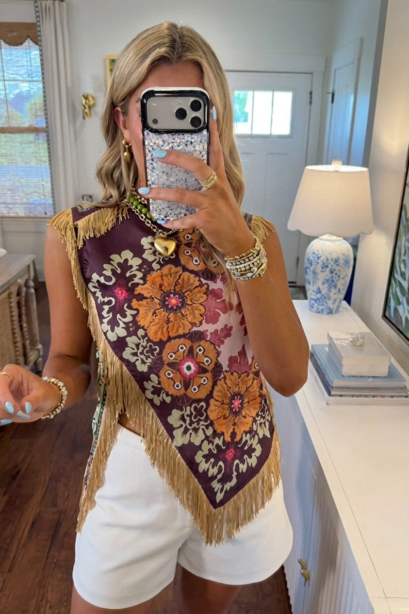 Boho Floral Fringe Silk Sleeveless Top | Asymmetrical Scarf Crop Blouse