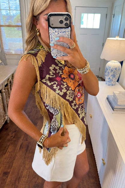Boho Floral Fringe Silk Sleeveless Top | Asymmetrical Scarf Crop Blouse