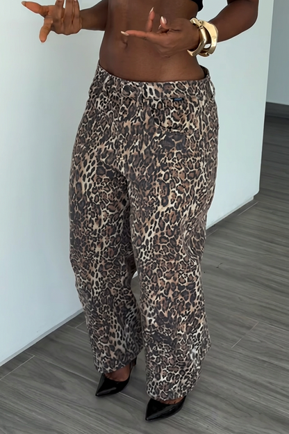 Leopard Print Straight-Leg Denim Jeans
