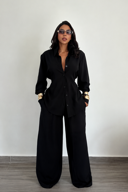 The Noir Waisted Shirt & Wide-Leg Pants Set
