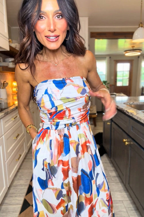 Strapless Watercolor Print Ruched Maxi Dress with Pockets