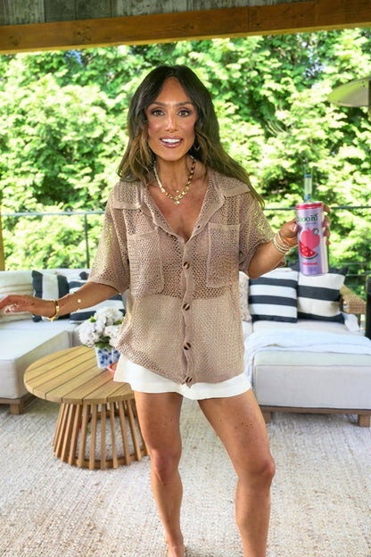 Openwork Collared Short Sleeve Knit Button Down Top
