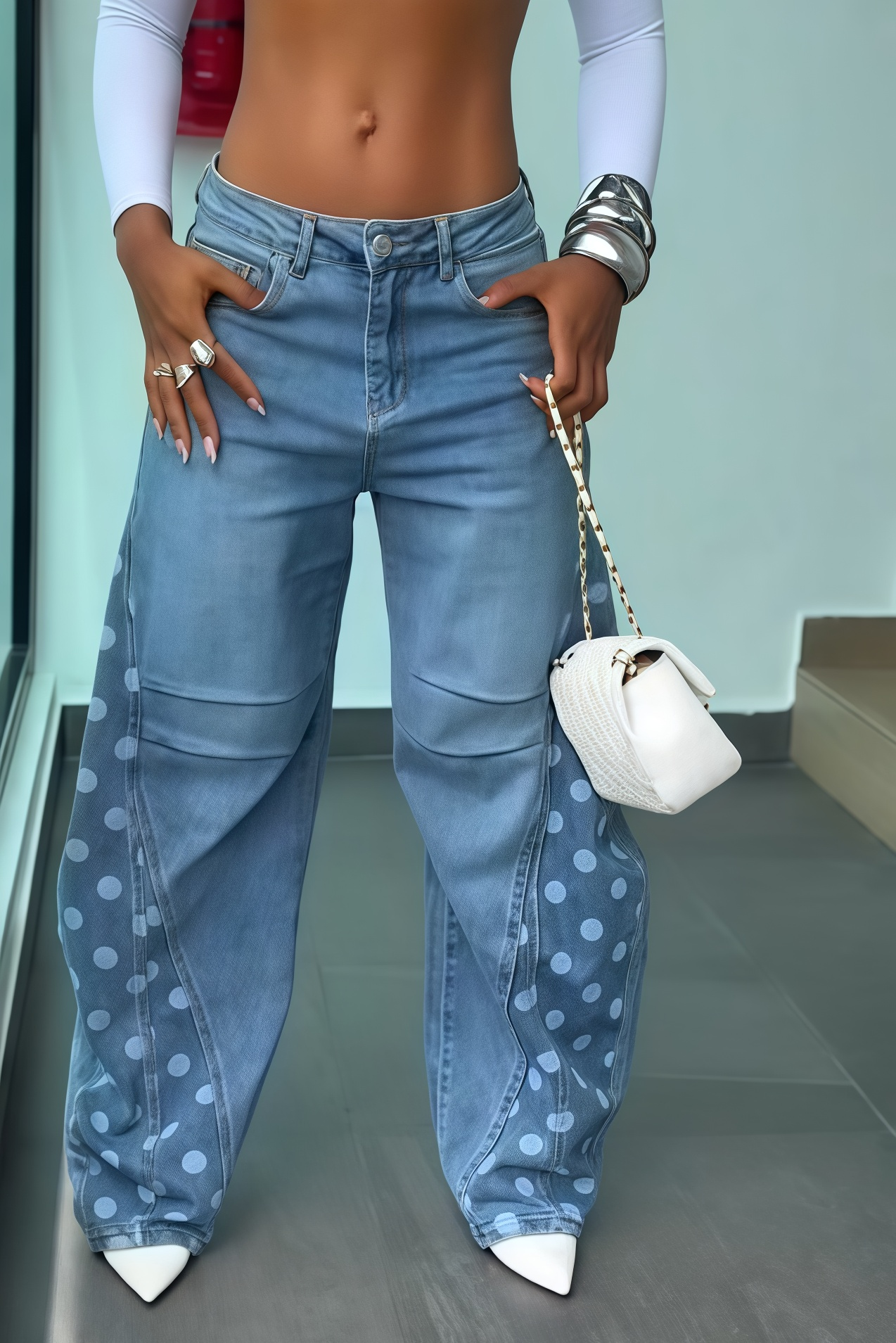 Side Polka Dot Wide Leg Denim Jeans