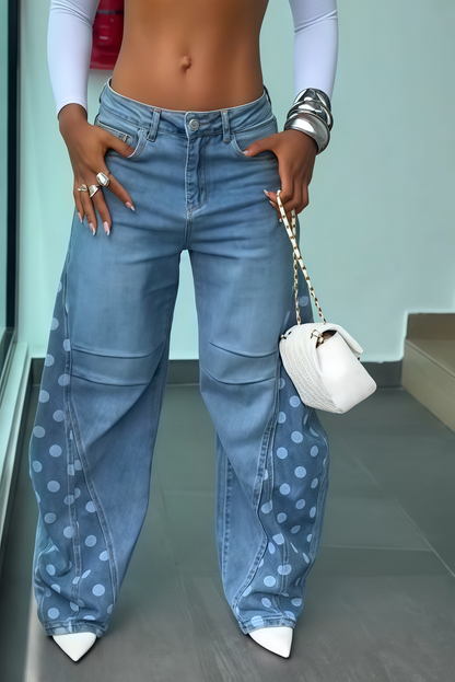 Side Polka Dot Wide Leg Denim Jeans