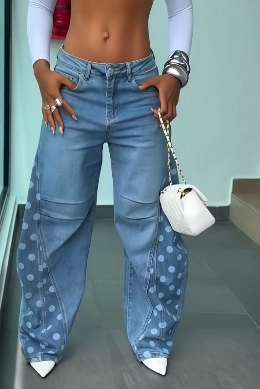 Side Polka Dot Wide Leg Denim Jeans