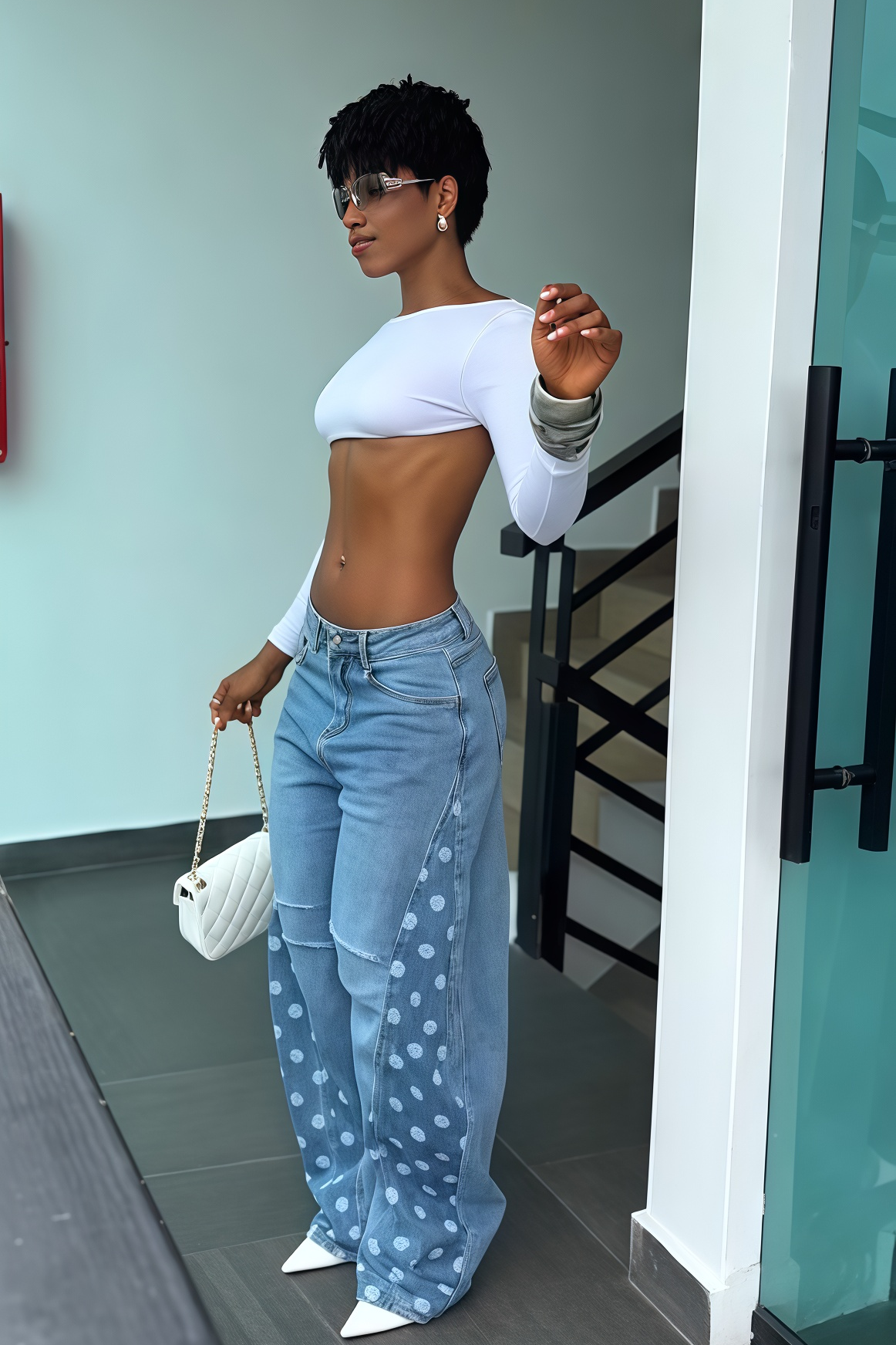 Side Polka Dot Wide Leg Denim Jeans