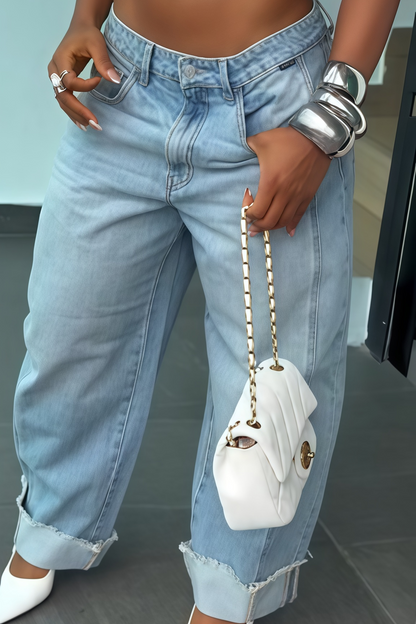 Light Wash Frayed Cuff High Waist Wide Leg Jeans