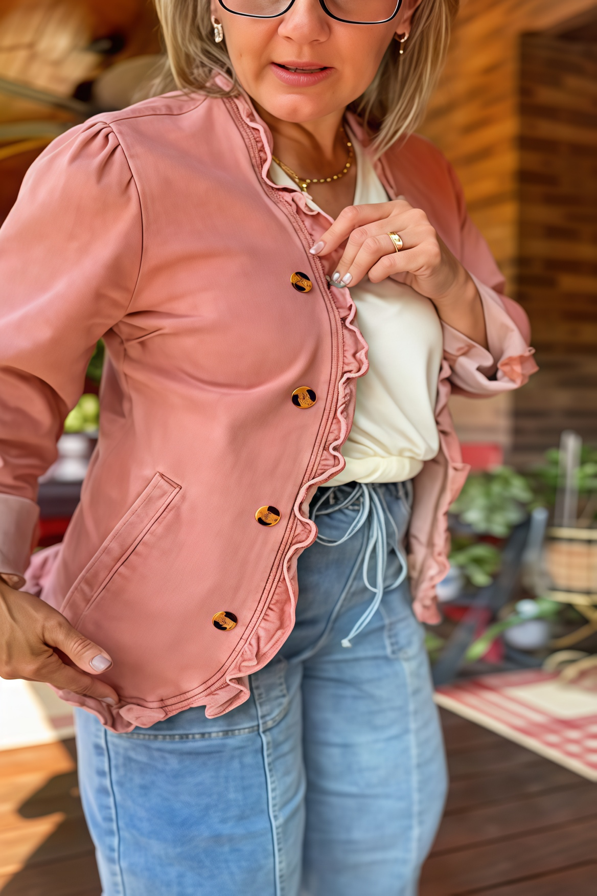 Ruffled Trim Button Down Casual Jacket