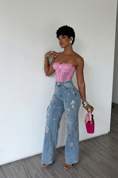 Rhinestone Cross Patched High Waist Wide Leg Denim Jeans