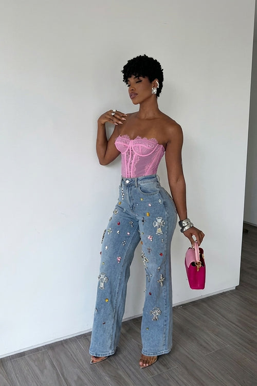 Rhinestone Cross Patched High Waist Wide Leg Denim Jeans