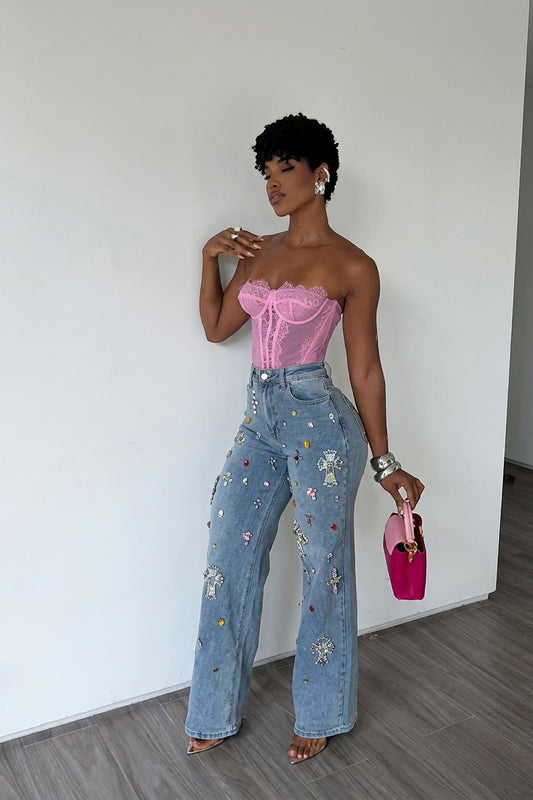 Rhinestone Cross Patched High Waist Wide Leg Denim Jeans