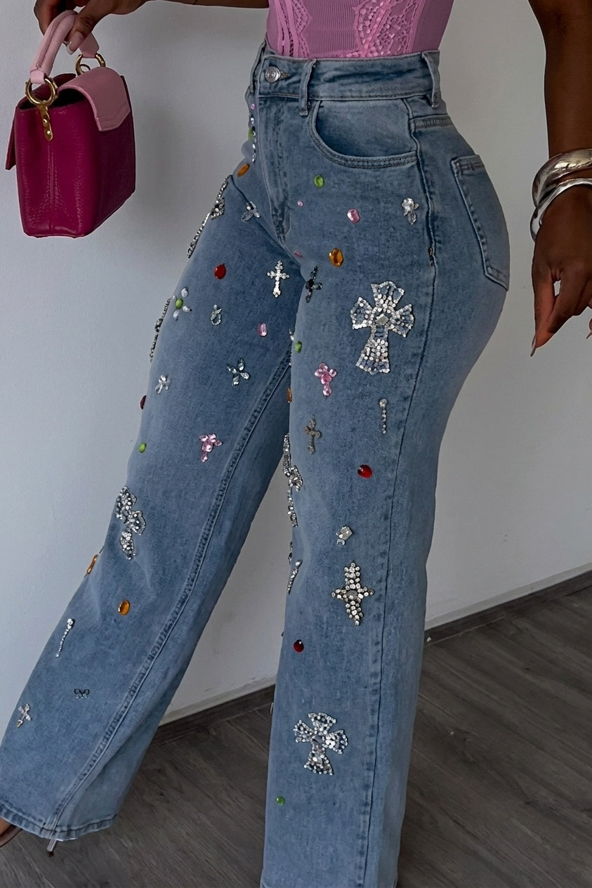 Rhinestone Cross Patched High Waist Wide Leg Denim Jeans