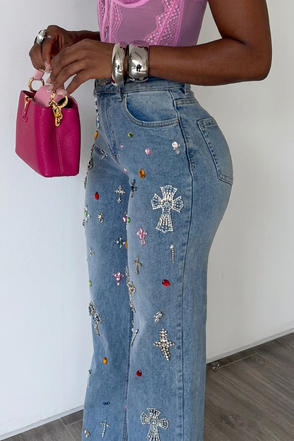 Rhinestone Cross Patched High Waist Wide Leg Denim Jeans