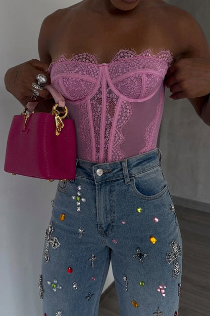 Rhinestone Cross Patched High Waist Wide Leg Denim Jeans