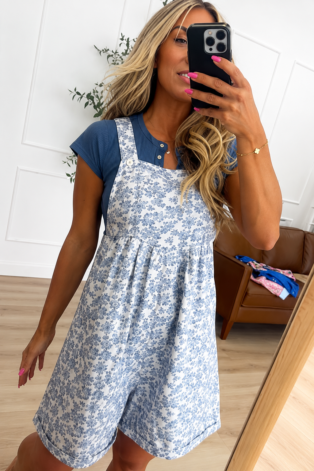 Blue Floral Adjustable Strap Overall Shorts