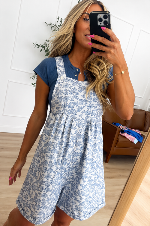 Blue Floral Adjustable Strap Overall Shorts