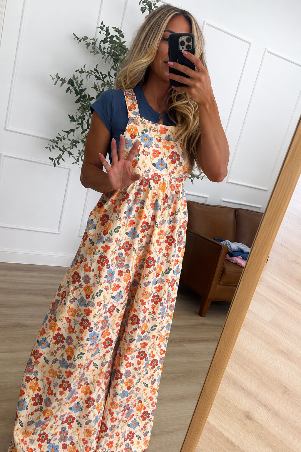 Vintage Floral Print Adjustable Strap Wide Leg Overall Jumpsuit