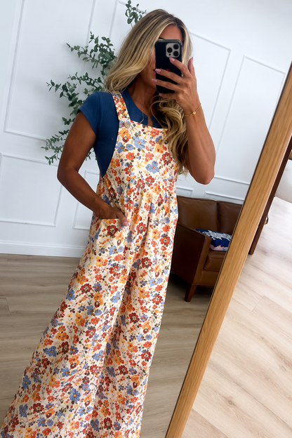 Vintage Floral Print Adjustable Strap Wide Leg Overall Jumpsuit