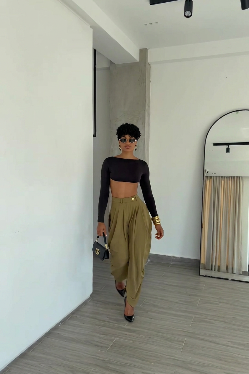 High-Waisted Draped Pleated Balloon Trousers