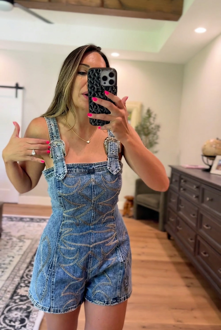 Western Embroidered Denim Overall Romper