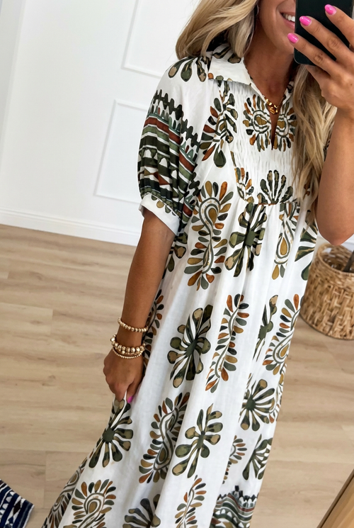 Bohemian Print Collared Maxi Dress