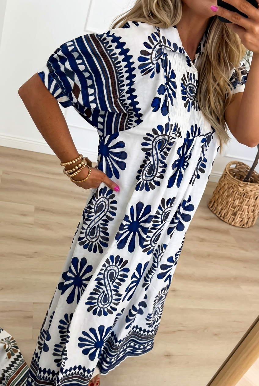 Bohemian Print Collared Maxi Dress