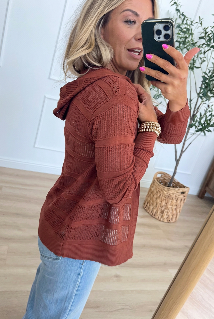 Lightweight Hooded Open-Knit Cardigan