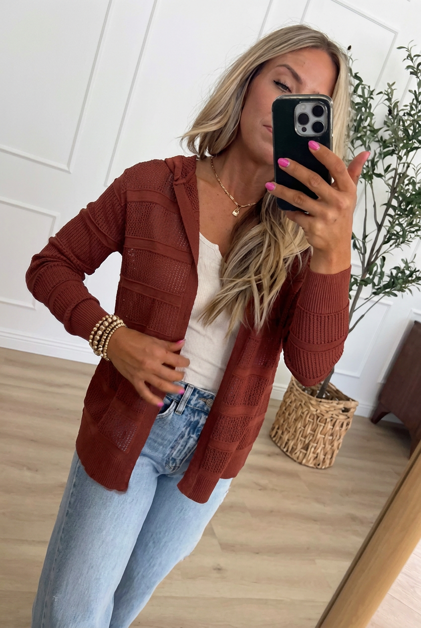 Lightweight Hooded Open-Knit Cardigan