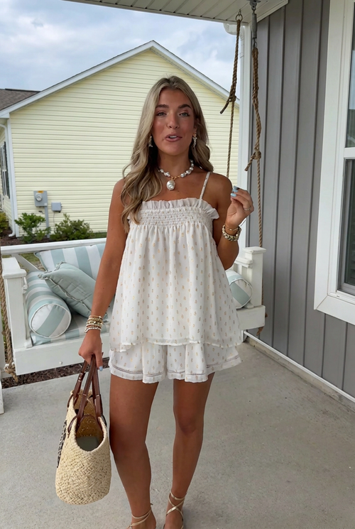White & Gold Dot Smocked Cami + Ruffle Shorts Two-Piece Set