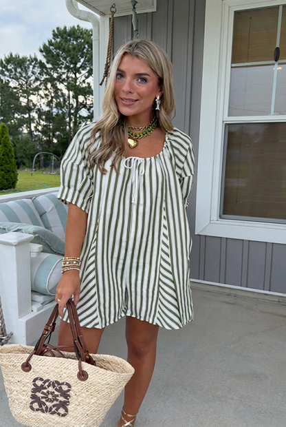 Breezy Striped Bubble-Sleeve Romper