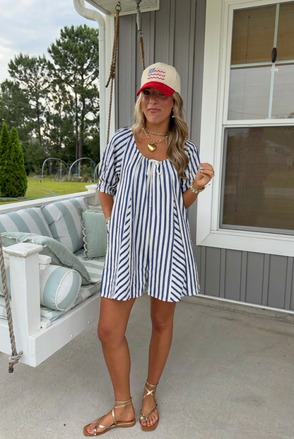 Breezy Striped Bubble-Sleeve Romper