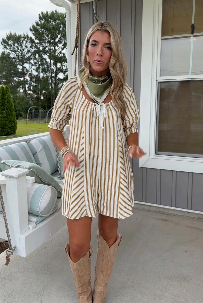 Breezy Striped Bubble-Sleeve Romper