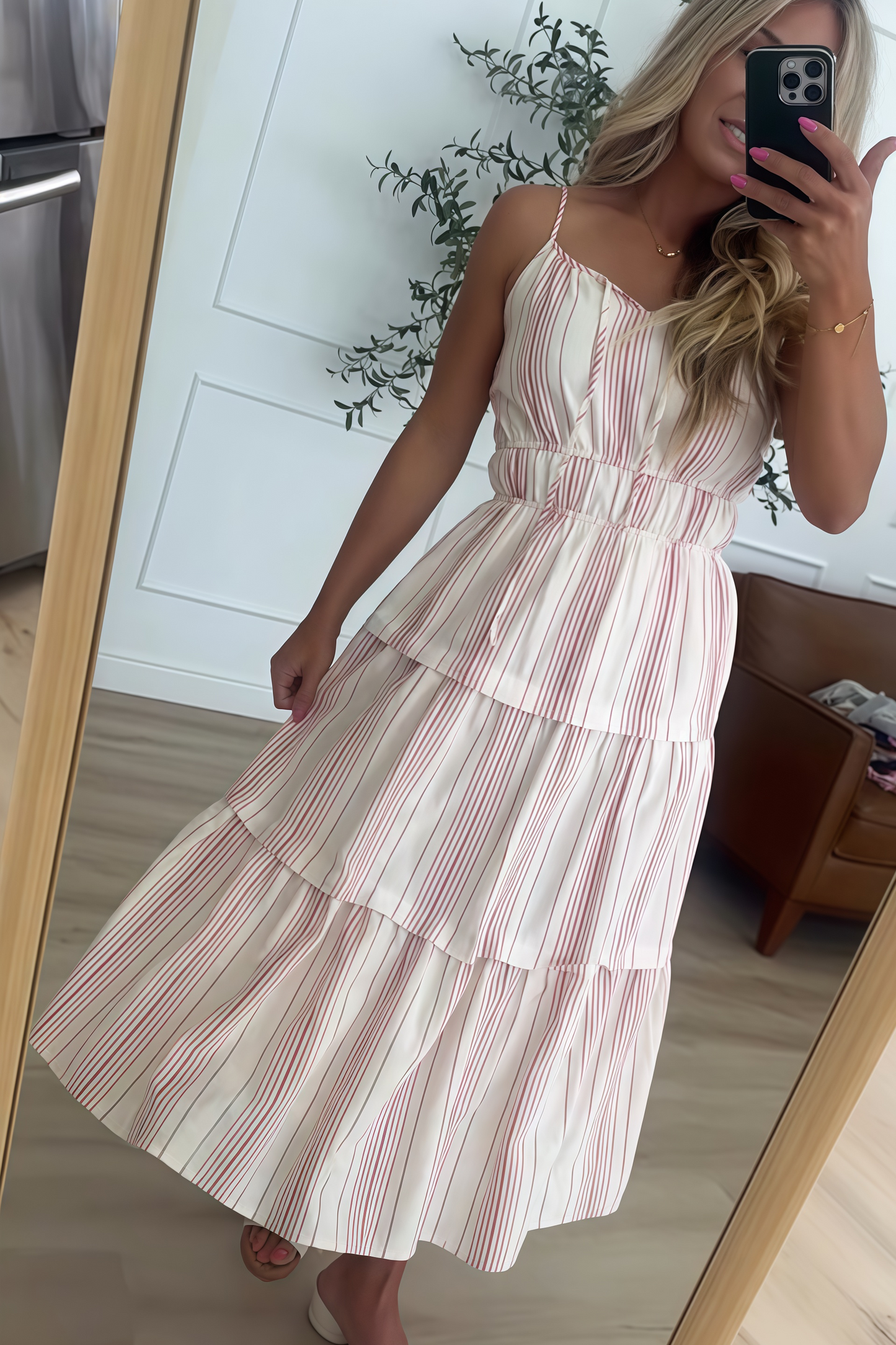 Pink Striped Tiered Maxi Dress