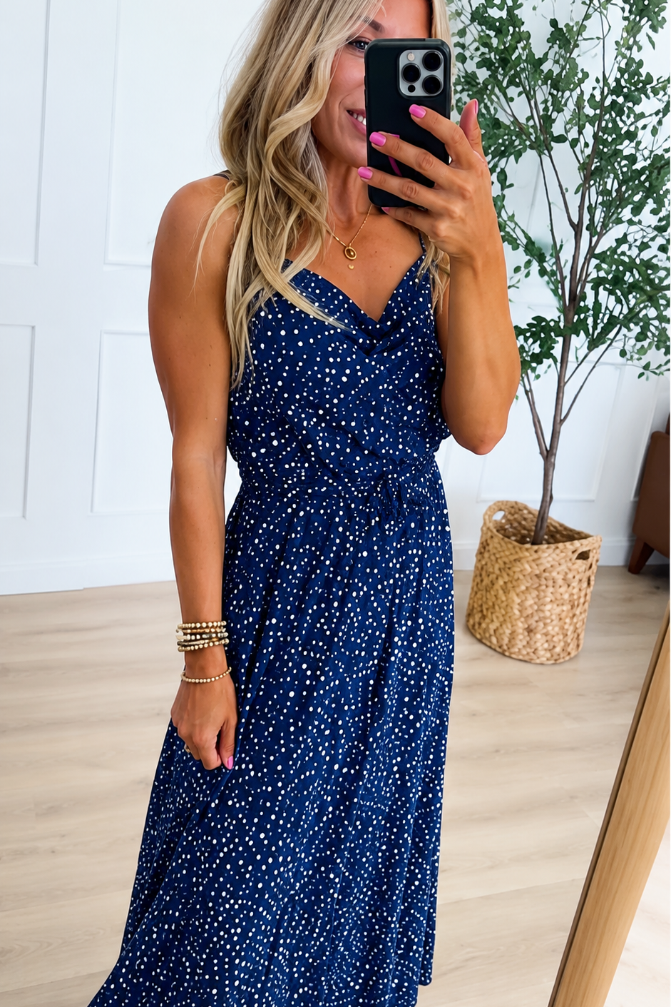 Navy Polka Dot Midi Dress