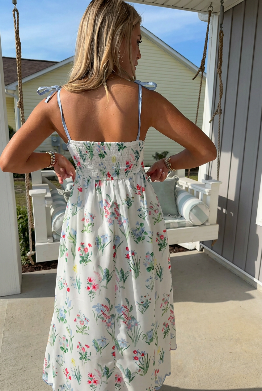 Watercolor Floral Scallop Midi Dress