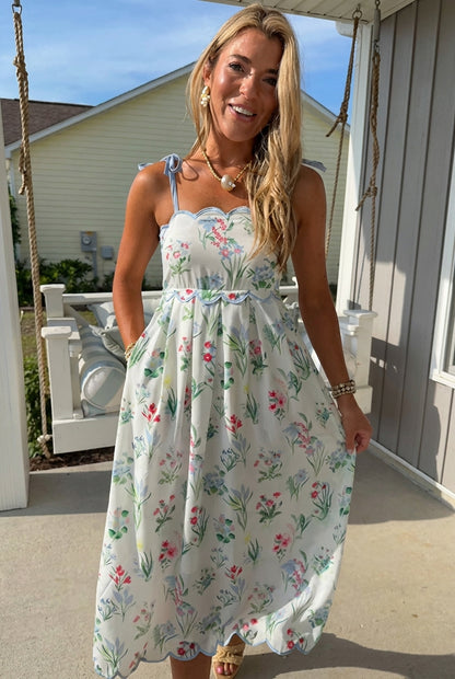 Watercolor Floral Scallop Midi Dress