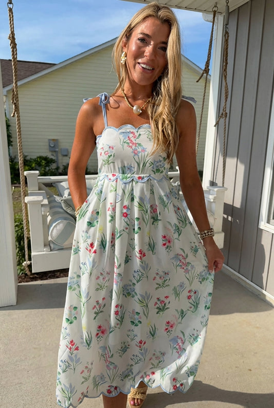 Watercolor Floral Scallop Midi Dress