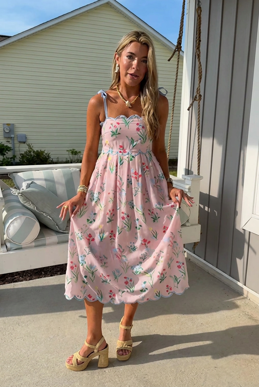 Watercolor Floral Scallop Midi Dress