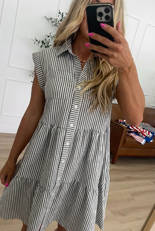 Striped Tiered Sleeveless Shirt Dress