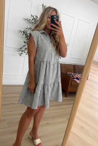 Striped Tiered Sleeveless Shirt Dress