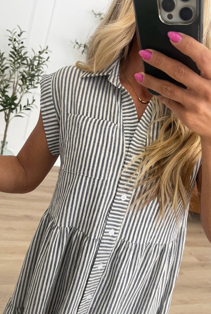 Striped Tiered Sleeveless Shirt Dress