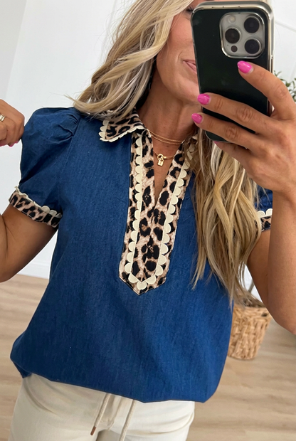 Denim Leopard Scalloped Trim Blouse