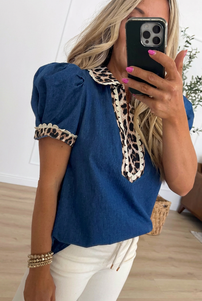 Denim Leopard Scalloped Trim Blouse