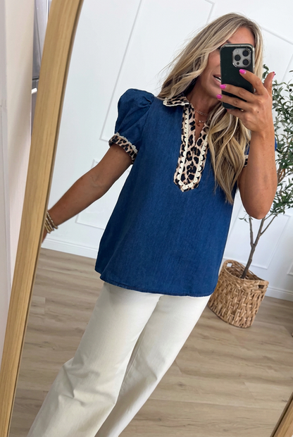 Denim Leopard Scalloped Trim Blouse