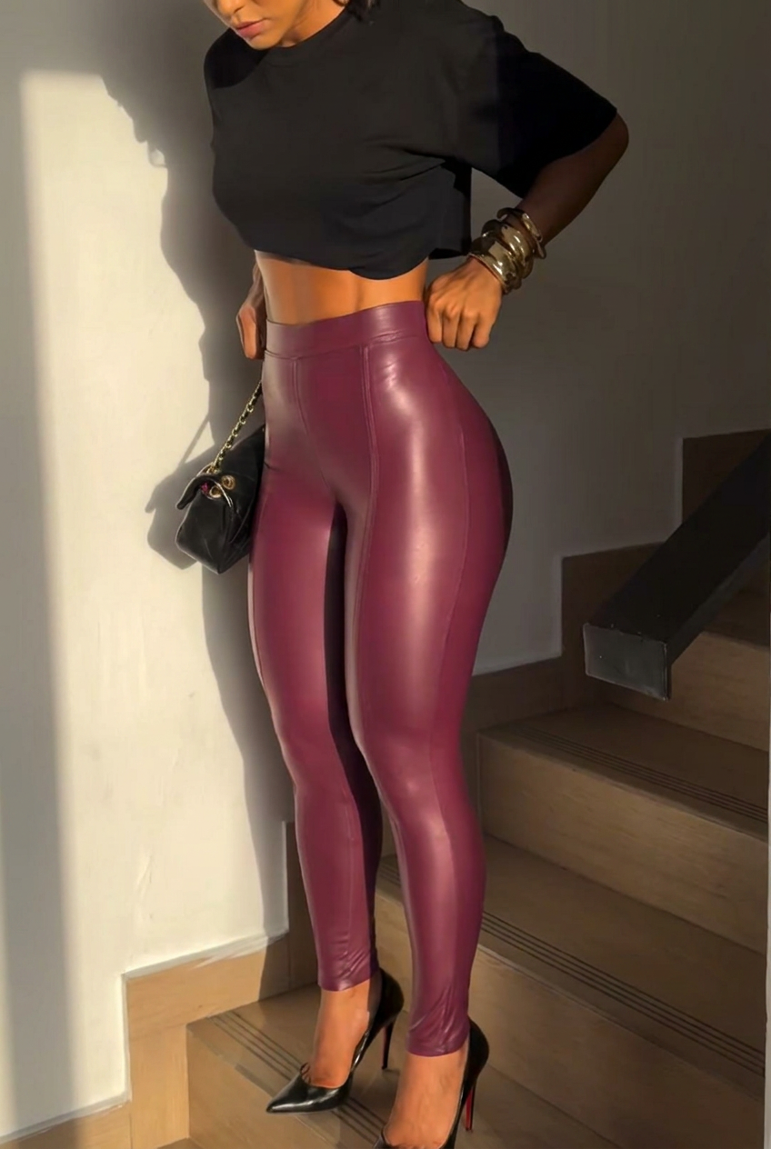 Burgundy High Waist Faux Leather Leggings