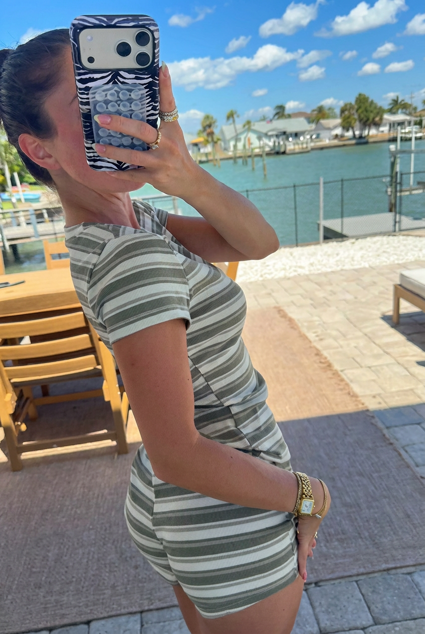 Olive Stripe Ribbed Short Sleeve Top & Shorts Matching Euro Summer Set